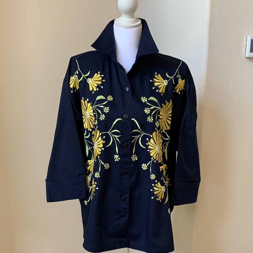 CC Sportswear Navy Blue Button-Up Shirt/Jacket with Yellow Floral Embroidery